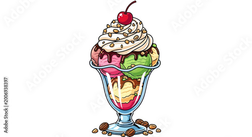 Delicious Ice Cream Sundae with Cherry and Nuts
