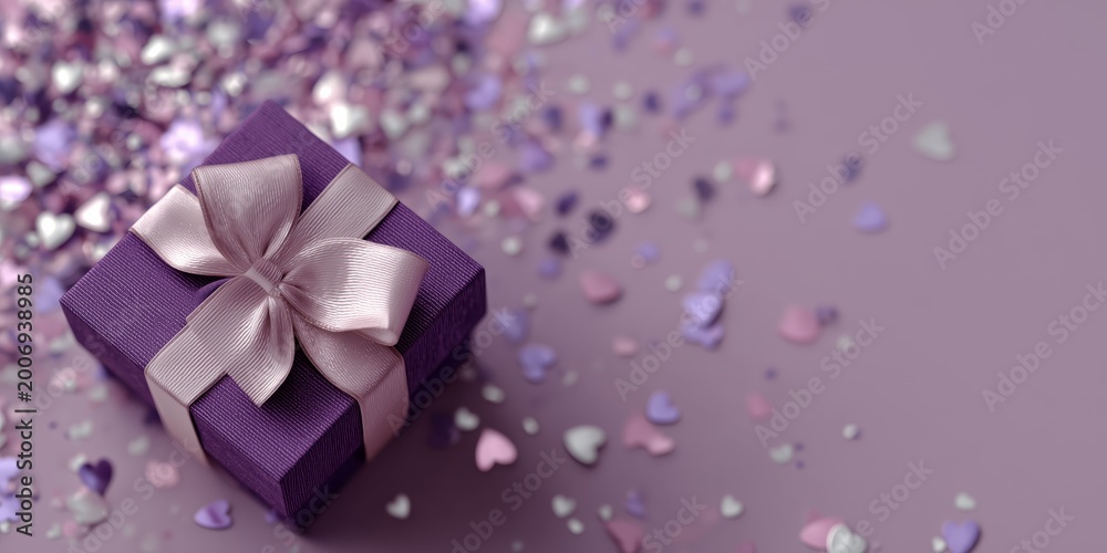 Fototapeta premium Beautiful purple gift box with silver ribbon and metallic heart confetti, creating an elegant romantic holiday composition.