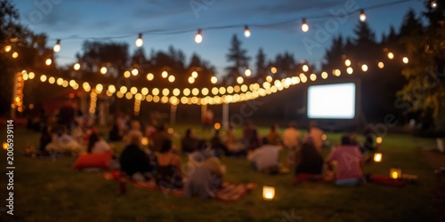 Community outdoor cinema event with blurred audience and glowing string lights on a dark summer evening in a park