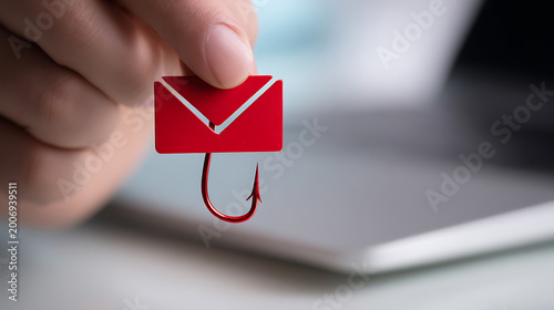Hand hold email envelope with fishing hook, a visual metaphor symbolizing phishing, cyber scam, online fraud, or dangerous digital message