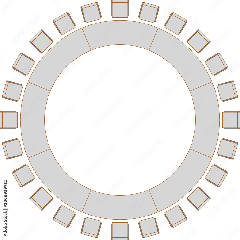 Fototapeta premium Minimalist architectural floor plan vector of a circular conference table with chairs, featuring clean linear top views.