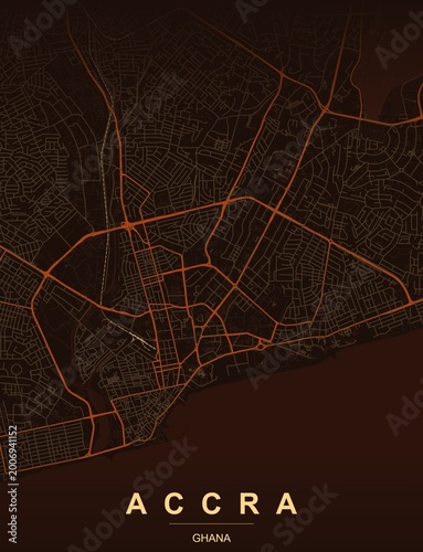 Photos Accra Ghana city map art print , Heatwave style with dark background with glowing amber and burnt orange street networks