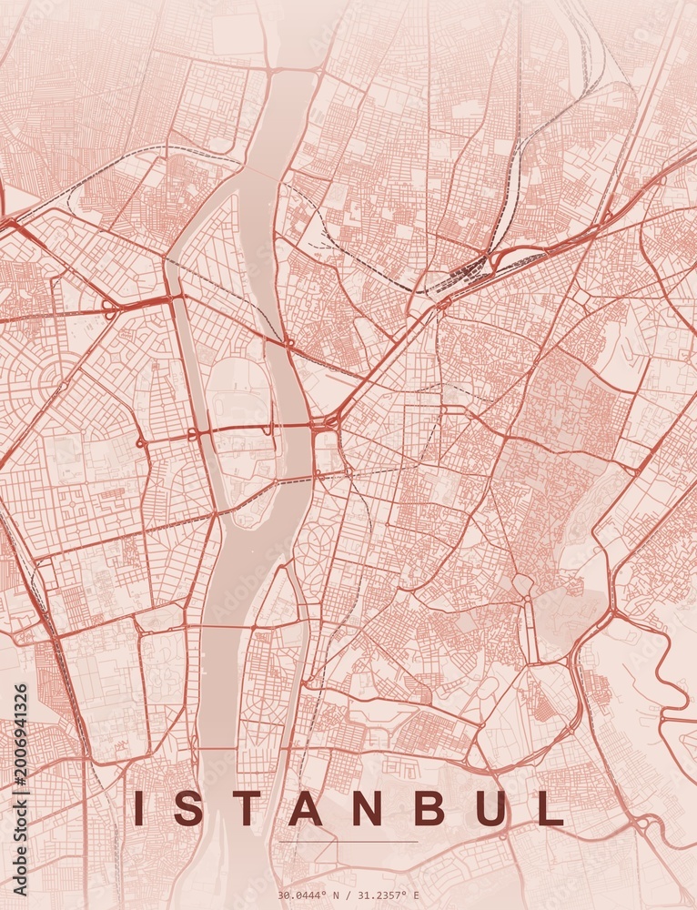 Obraz premium Istanbul Turkey city map art print , Coral style with soft coral and warm pink streets on muted beige background. Minimalist wall art poster ideal for home, office and travel lovers.