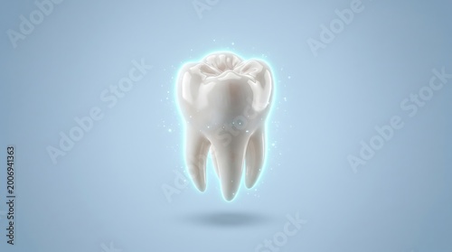 A captivating cinematic 3D render showcasing a luminous, healthy tooth, enveloped in a gentle radiant glow against a tranquil blue backdrop