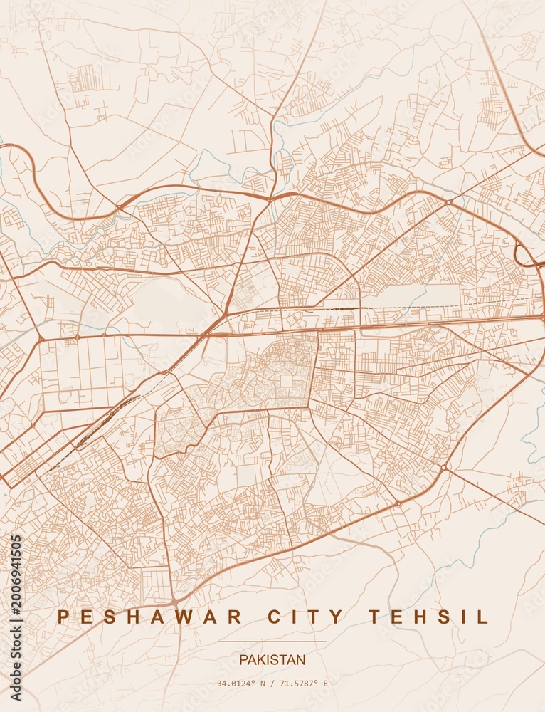 Obraz premium Peshawar Pakistan city map art print , Terracotta style with earthy terracotta and warm rust tones on sandy beige background. Minimalist wall art poster ideal for home, office and...