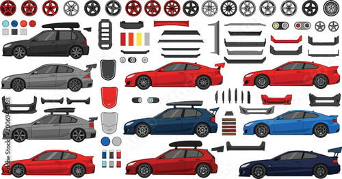 Tableau sur toile Car Tuning and Customization Vector Set with Sport Cars, Alloy Wheels, Body Kits