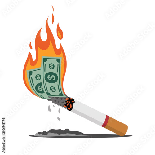Burning cigarette with money on fire and ash on white background Vector, illustration