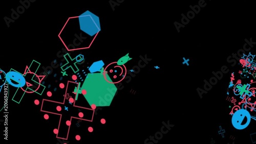 Icons and hexagonal shapes drift through a dark void with neon blue and pink colors that create a playful digital texture suitable for animated social media content or interactive tech user.