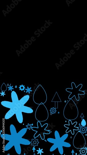 Flowers in blue neon glow with soft gradient petals and droplet outlines create a whimsical digital pattern against a deep black background that offers plenty of negative space for creative designs.