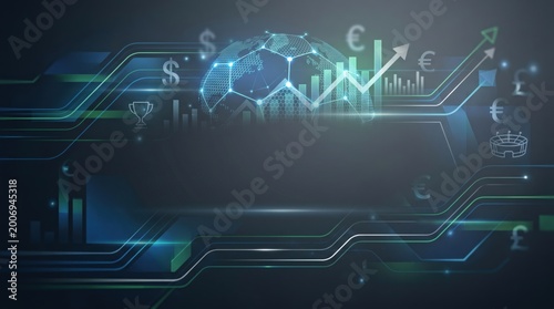 Digital football betting analytics interface with global sports finance data and charts
