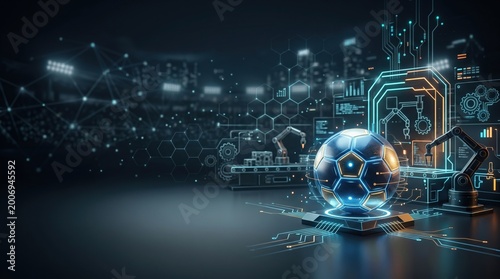 Futuristic Smart Soccer Ball Manufacturing Concept with Robotic Arms and Digital Data Interface