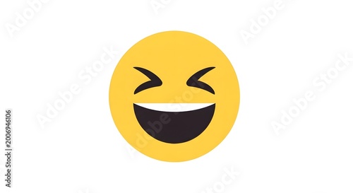 Bright yellow laughing emoji with closed eyes on white background