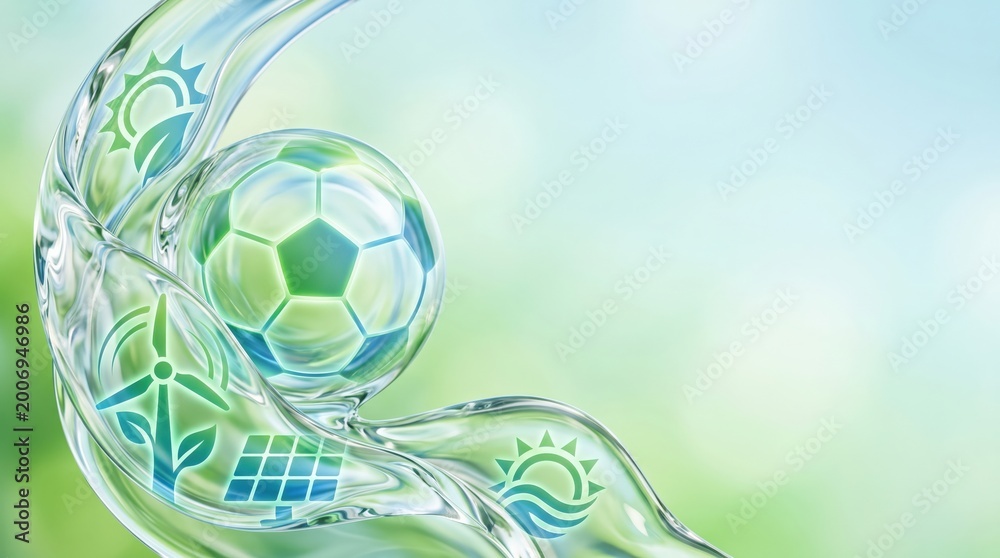 Naklejka premium Sustainable Soccer Concept with Eco Friendly Energy Icons and Water Splash Background