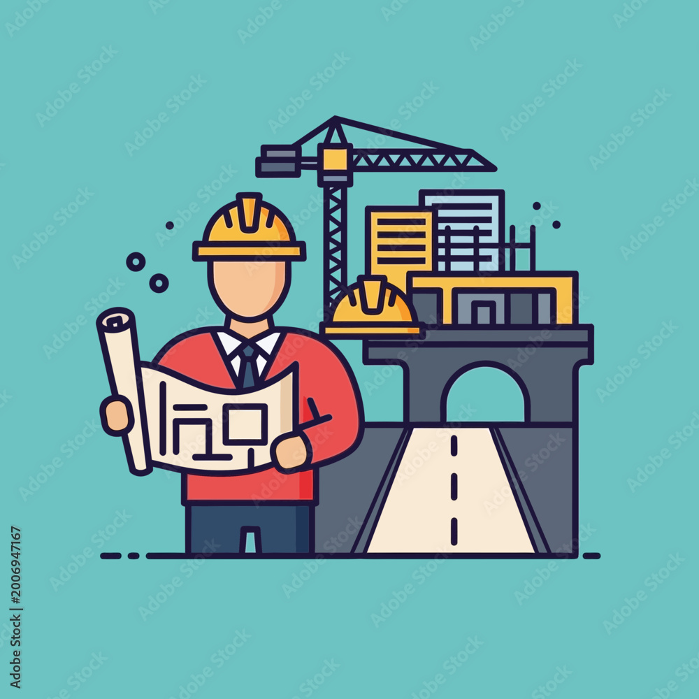 Fototapeta premium Man wearing hard hat and blueprints.