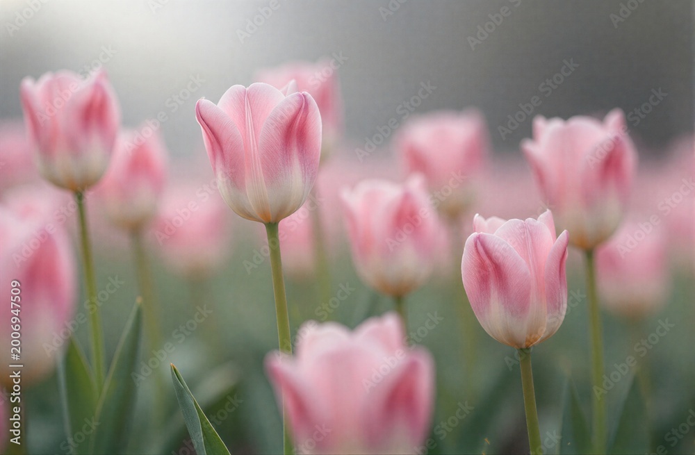 Obraz premium Pink tulips bloom softly in a misty field delicate petals catching