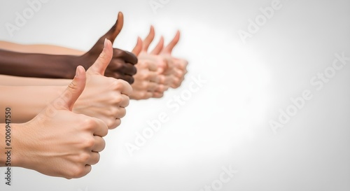 Row of Multi-Ethnic Diverse Hands Giving Thumbs Up Gesture for Success, Agreement, and Positive Feedback on White Background with Copy Space