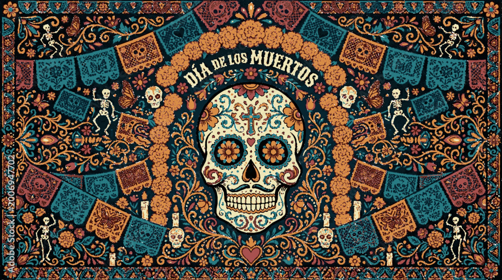 Obraz premium Vibrant dia de los muertos illustration featuring intricate skull marigolds and festive decorations in bold colors