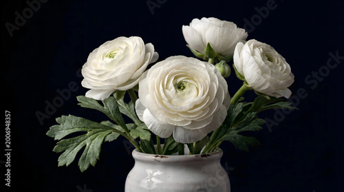 Foto White ranunculus flowers with water droplets in a ceramic vase