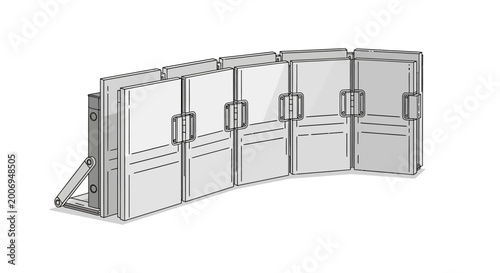 Technical line drawing of a modular folding screen system or acoustic partition wall