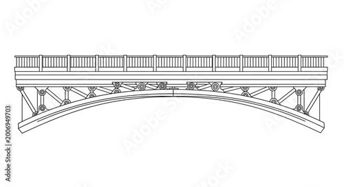Minimalist Arch Bridge Line Art Illustration, Side View Technical Drawing of Steel Infrastructure Outline