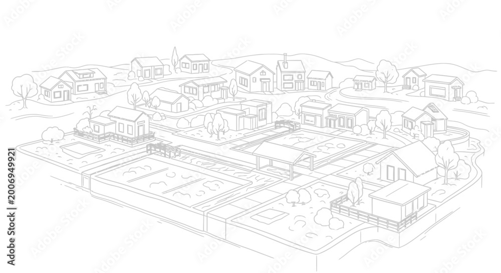 Obraz premium Suburban Neighborhood Line Art Illustration for Coloring Page - Small Town Landscape with Houses and Trees