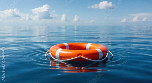 An orange lifebuoy with white stripes floats calmly on blue water under a light blue sky with white clouds.