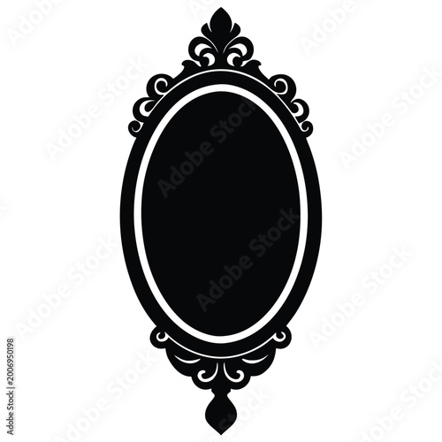 Black ornate oval mirror frame with decorative flourish design isolated on white background