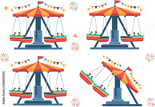 Schilderij op canvas Amusement Park Swing Ride Vector Collection with Colorful Seats Flags Passengers
