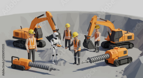 Εκτύπωση καμβά Construction site with workers and heavy machinery.