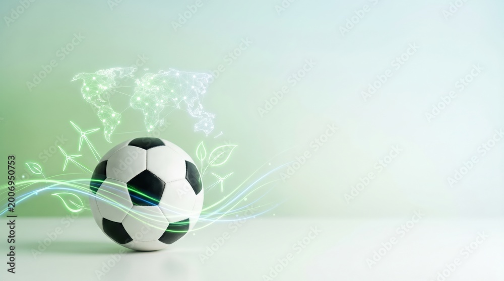 Fototapeta premium Sustainable Soccer Concept with Eco Friendly Energy Symbols and World Map