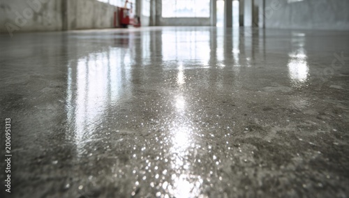 Polished Concrete Floor Reflecting Light in Modern Interior Space.