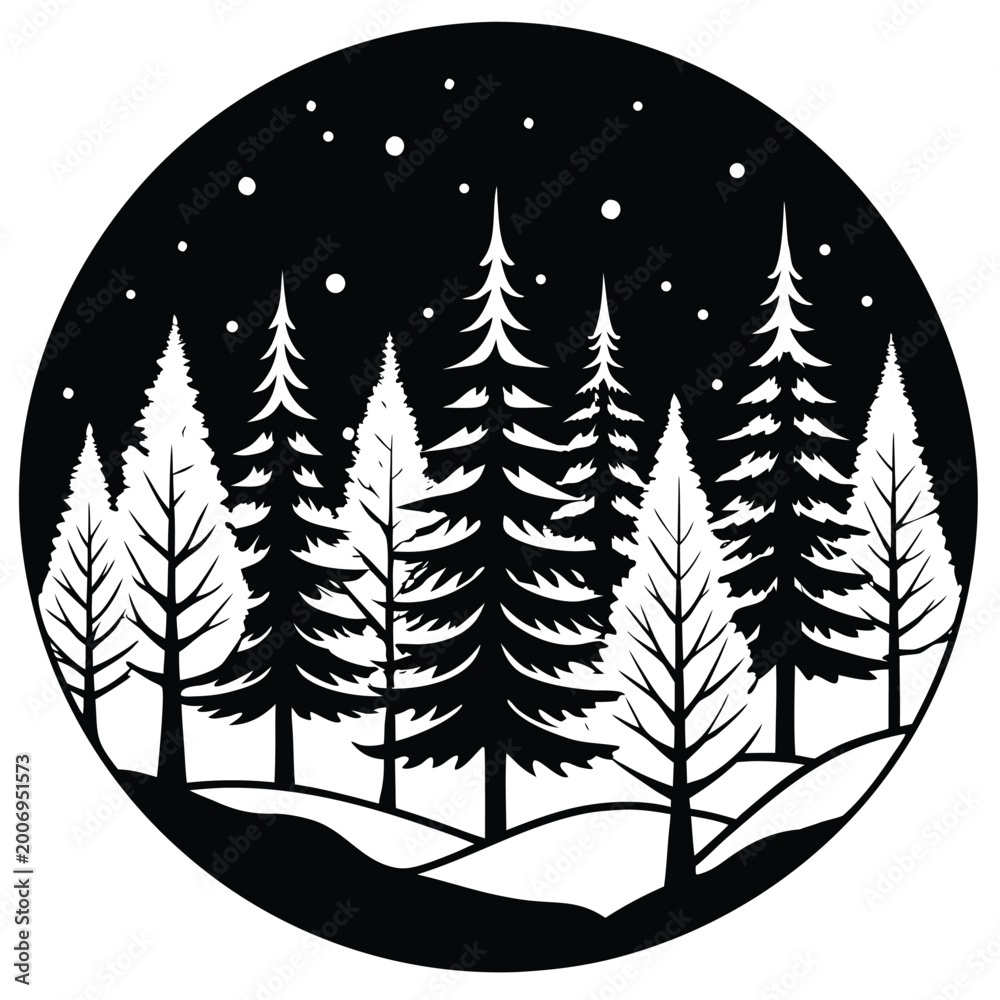 Obraz premium Group of tall snow covered pine trees under starry night sky in winter isolated on white background