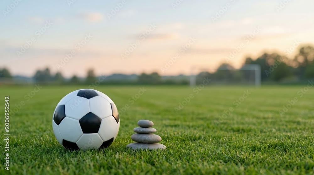 Fototapeta premium Soccer ball and balanced zen stones on green grass field for mental focus and sports training