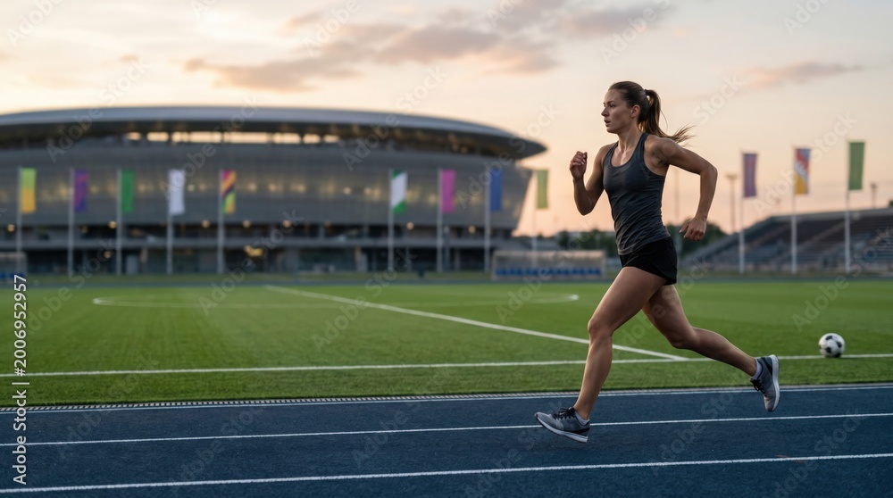 Fototapeta premium Young Fit Woman Running on Stadium Track at Sunset for Cardio Training