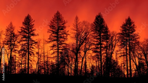 Tall Evergreen Trees Silhouetted Against Intense Orange Sky With Smoke pine forest