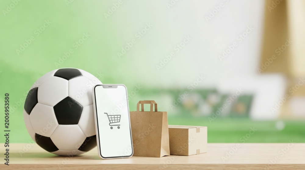 Naklejka premium Online Sports Equipment Shopping Concept with Soccer Ball and Smartphone
