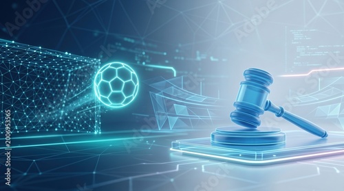 Digital sports betting legal regulations and online gambling law concept with soccer ball and gavel