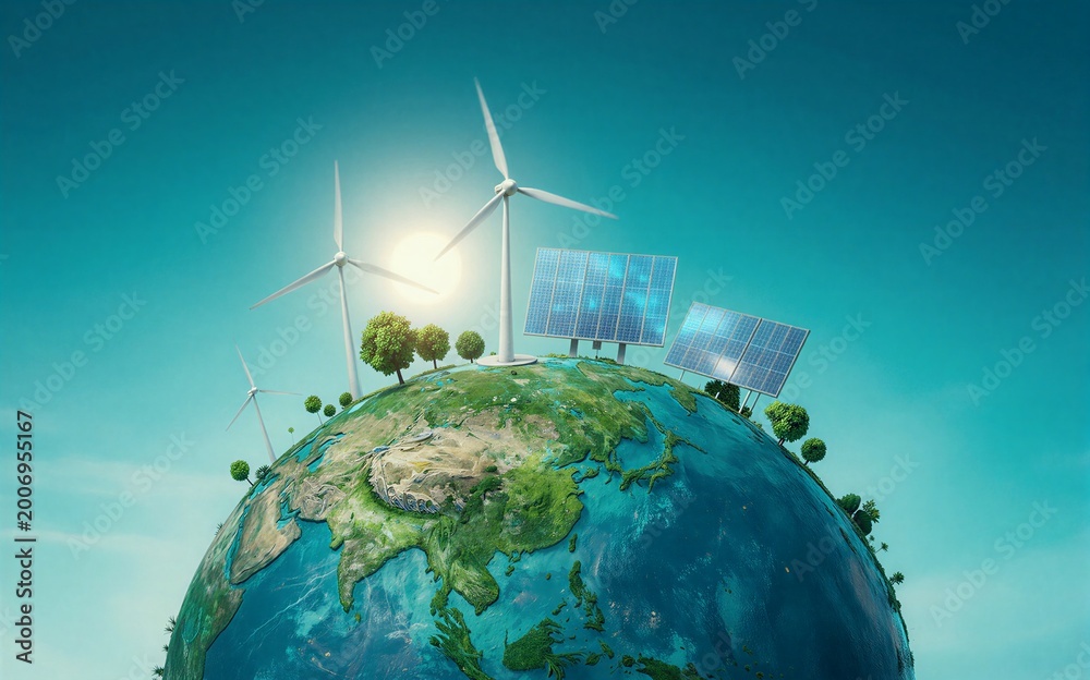 Naklejka premium Renewable energy sources power a vibrant sustainable Earth with wind