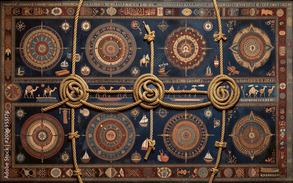 Obraz premium Intricate tapestry with compasses ships and knots tied across its
