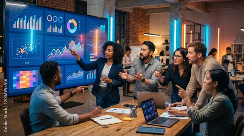 Dynamic business meeting analyzing data insights modern office presentation collaborative environment professional viewpoint