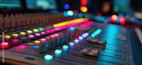Close-up of a colorful audio mixing console with illuminated faders and buttons in a dimly lit studio.