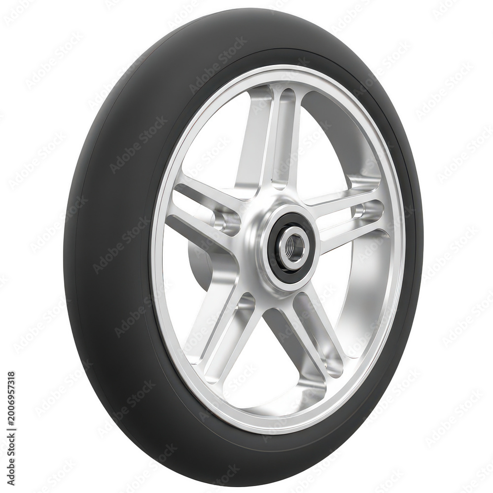 Fototapeta premium Silver five spoke wheel rim with a black rubber tire for small vehicle applications