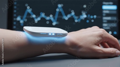 Wearable Health Monitoring Device on Wrist Displaying Dynamic Data Trends on Digital Screen Background, Symbolizing Health Tech Innovation