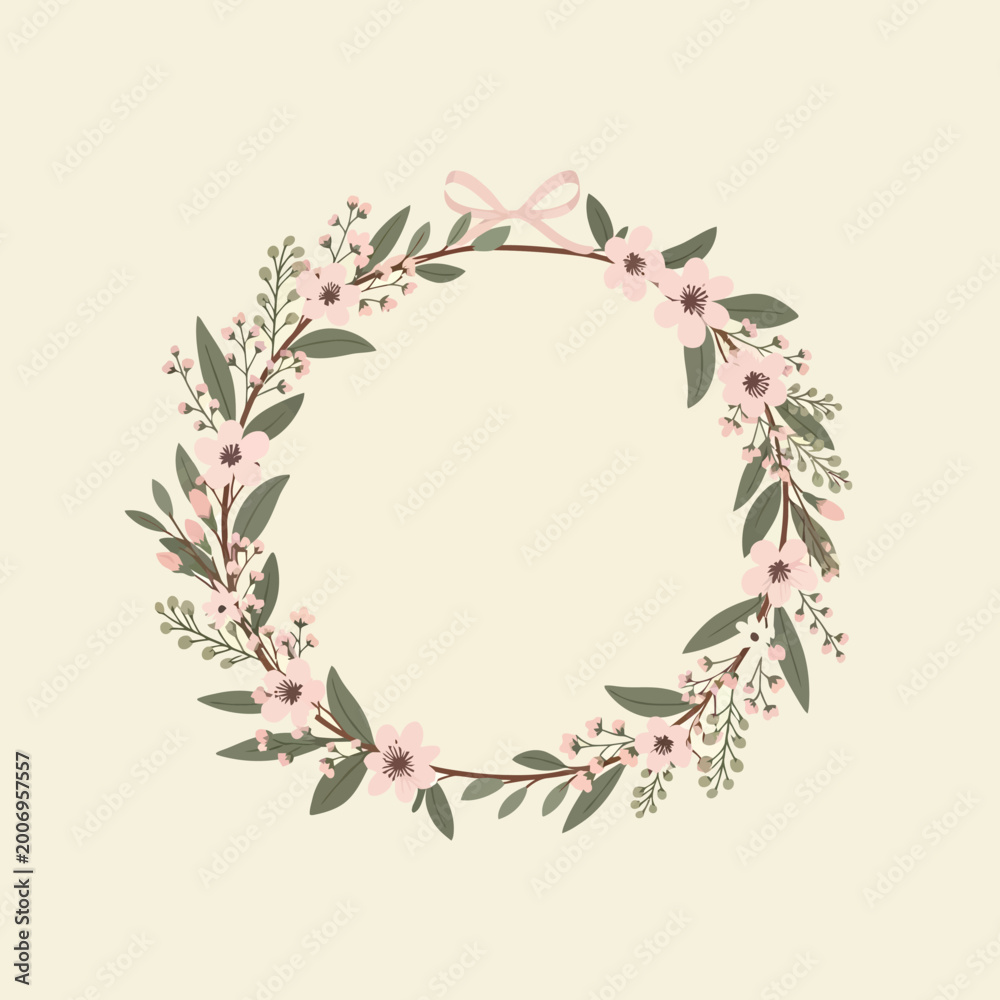 Fototapeta premium Delicate Floral Wreath with Pink Blossoms and Green Leaves.