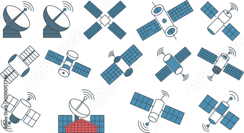 Photos Satellite communication icon set featuring space satellites and ground parabolic