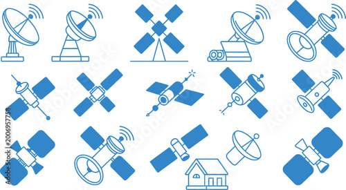 Bild auf Leinwand Satellite communication icon set featuring space satellites and ground parabolic