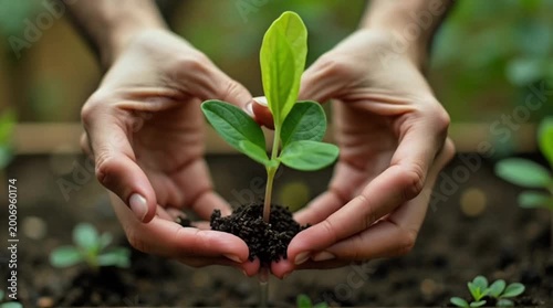 Human Hands Nurturing a Young Green Seedling Symbolizing Growth and Environmental Care