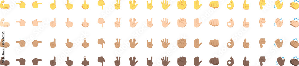 Fototapeta premium Collection of hand gesture emoji icons in multiple skin tones featuring thumbs up, pointing, clapping and peace signs for inclusive communication. Flat cartoon hand emoticons isolated on gray 