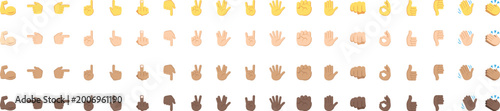 Tableau sur toile Collection of hand gesture emoji icons in multiple skin tones featuring thumbs up, pointing, clapping and peace signs for inclusive communication