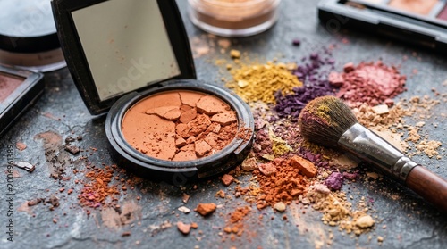 Broken makeup powder palette with brush and colorful cosmetics